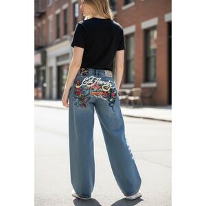 Ed Hardy Baggy Jeans Women Dragon Tattoo Print Blue Denim Size 32